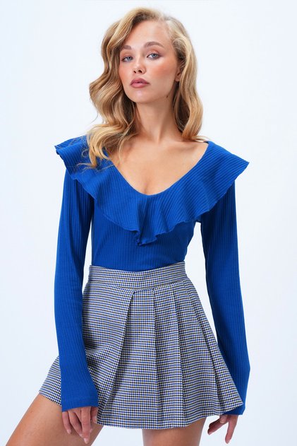 Women's Cobalt Blue V-Neck Flounced Soft Textured Blouse Alc-X14364