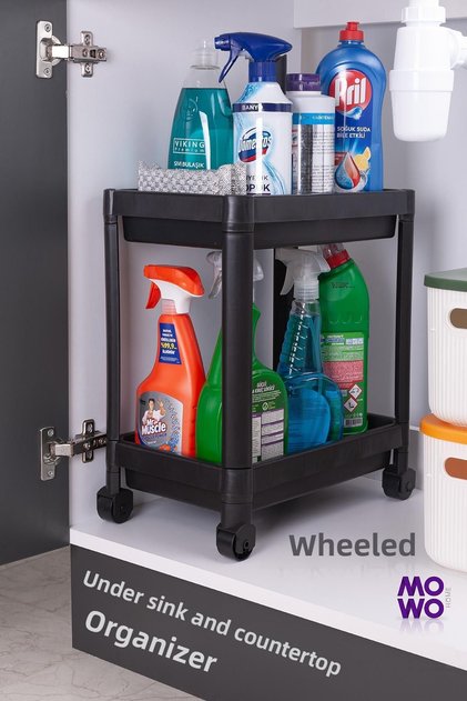 2-Tier Organizer Shelf with Wheels Black, Bathroom Cabinet, Kitchen Counter and Under Sink, Detergent Holder