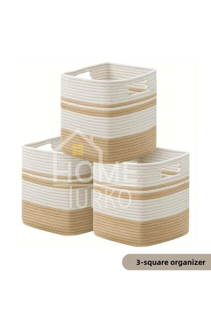 Jute 3-Piece Hand-Woven Cute Straw Square Basket Organizer Box Home Office Room Hotel Storage Accessory