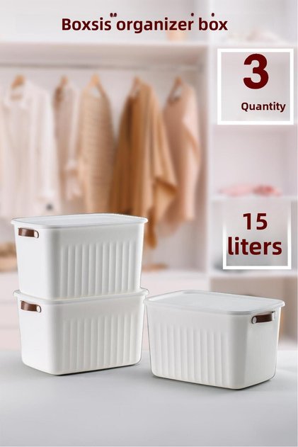 Boxsıs 3 Pieces 15 Lt White Organizer Box with Lid Storage Decorative Inside Cabinet Organizer