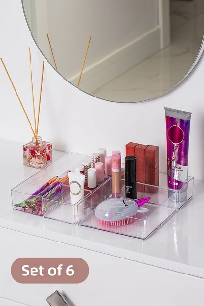 G-216 Sabrina 6-Piece Jewelry Accessory Organizer Box - Multi-Purpose Drawer Jewelry Organizer Transparent