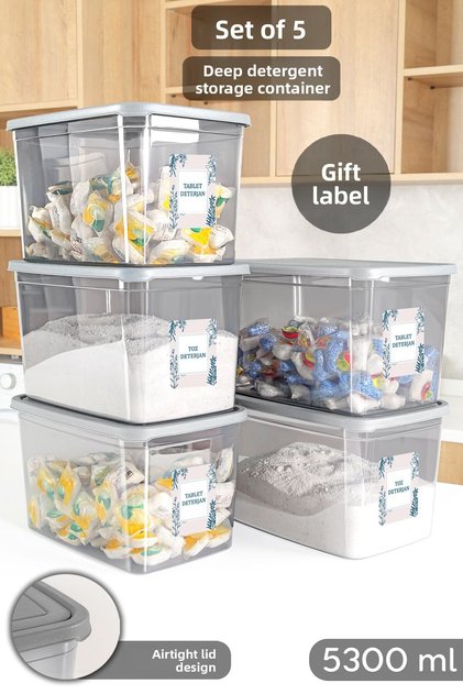 5-Piece Mega Size Detergent Storage Box - Labeled Powder Tablet Detergent Box Anthracite 5.3 Liters