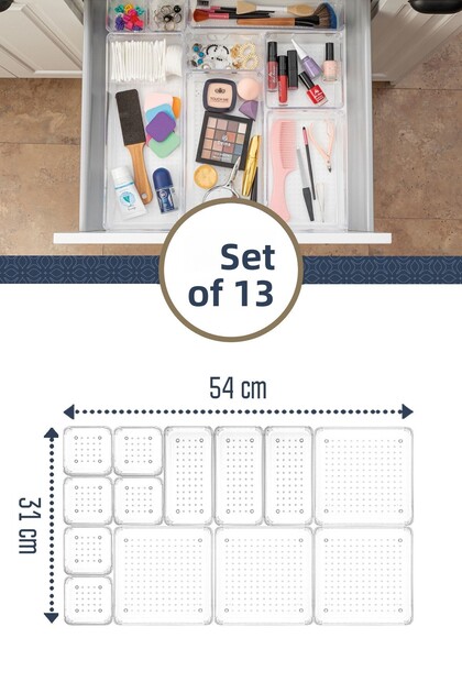 13 Pieces Transparent Modular Drawer Organizer - Kitchen Bathroom Organizer - Makeup Jewelry Organizer