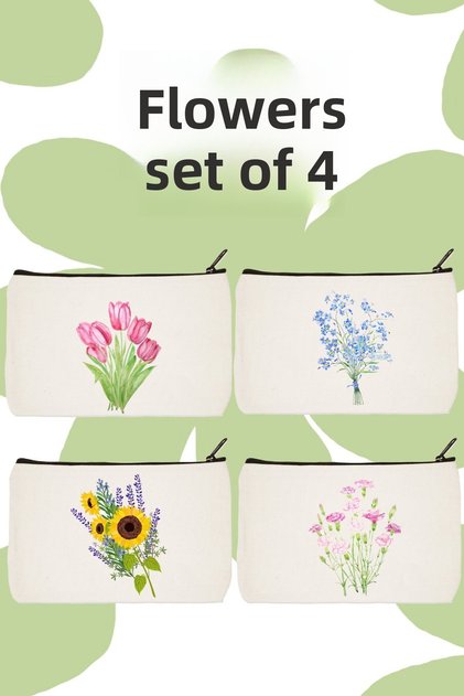 Campaign Flowers Printed 4-Piece Makeup Bag, Pen Holder, Wallet