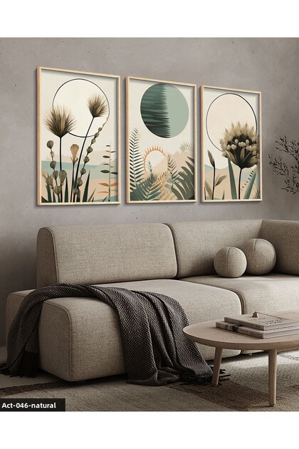 Set 3 tablouri de perete, stil boho, cu ramă din lemn, aspect acuarelă, ACT