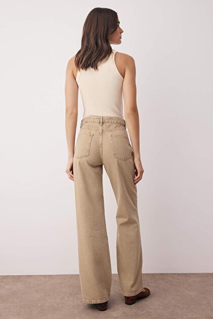 Trendyolmilla Bej Yüksek Bel Vintage Yıkama Geniş Paça Wide Leg
