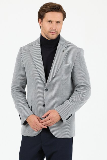 Yumas Men's Light Navy Blue Stretching Lycra Cotton Blended Knitted Fabric Sports Blazer Jacket