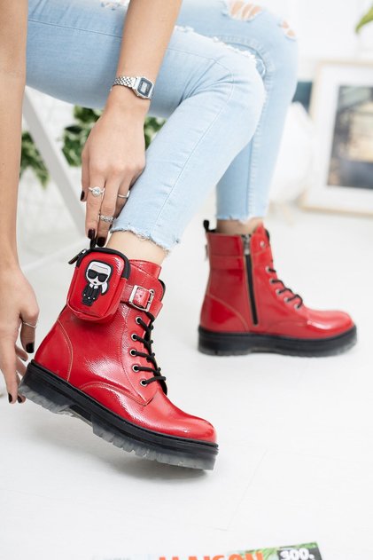 Red Crinkled Patent Leather Zippered Girls' Boots with Pocket Detail