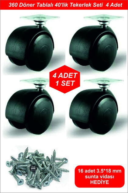 Black Screwable Furniture Wheel with Movable Table 40 mm | Cabinet, Coffee Table, Table Leg Caster Set of 4