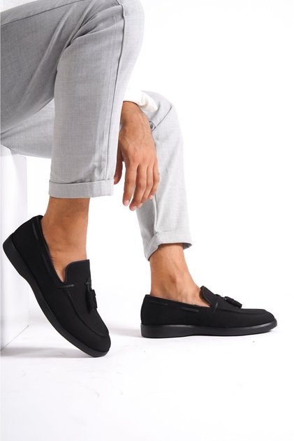 جلد طبيعي 22107T-S Nubuck أسود نعل رفيع شرابة للرجال حذاء لوفر وحذاء كاجوال