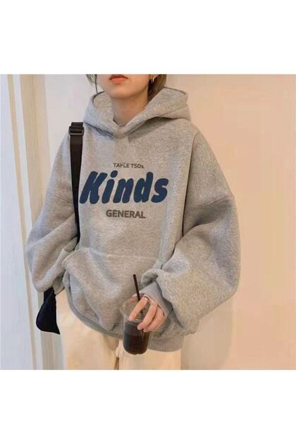 Kinds General Sweatshirt - Gray Printed Oversize Hoodie