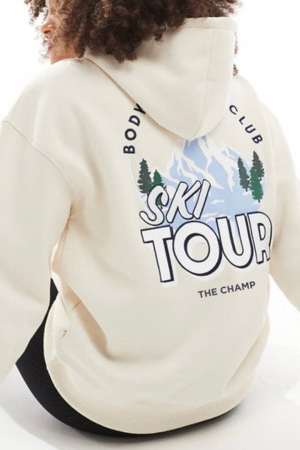 Unisex Oversize Sweatshirt Hoodie Ski Tour Front and Back Printed Cream – Hooded, Kangaroo Pocket, 3 Threads