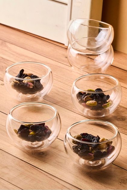 Bowy 6-Piece Double-Walled Mini Glass Sauce Bowl, Jam Bowl, Dragee Bowl, Turkish Delight Bowl