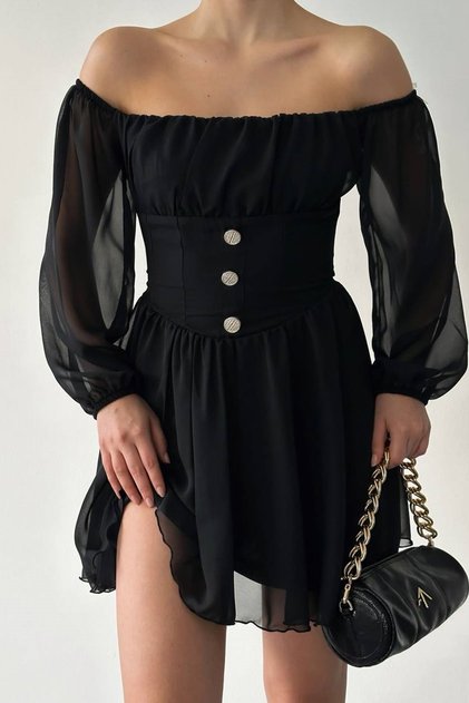 Black Lined Chiffon Fabric Strapless Neck Button Design Long Sleeve Mini Flared Dress 089