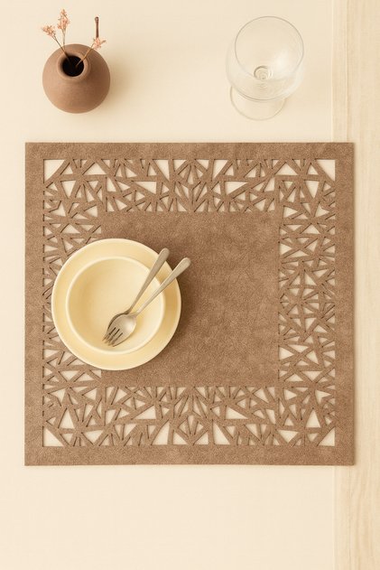 Milky Brown Suede Fabric American Service Placemat 35X35 cm Square Set of 6 - Geometric Triangle Pattern