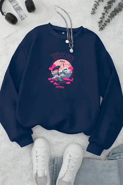 Unisex Navy Blue Tokyo Japanese Printed Crew Neck Sweatshirt - Winter Embossed Fabric