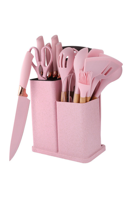 Set complet de ustensile pentru bucatarie SDEPOT®, din lemn si silicon alimentar,roz