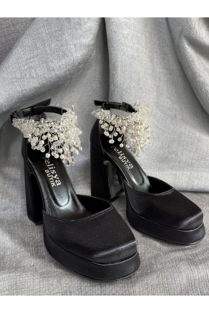 Black Satin, Pearl Stone Platform High Heel Evening Dress Shoes 10Cm-Feli̇syabuti̇k