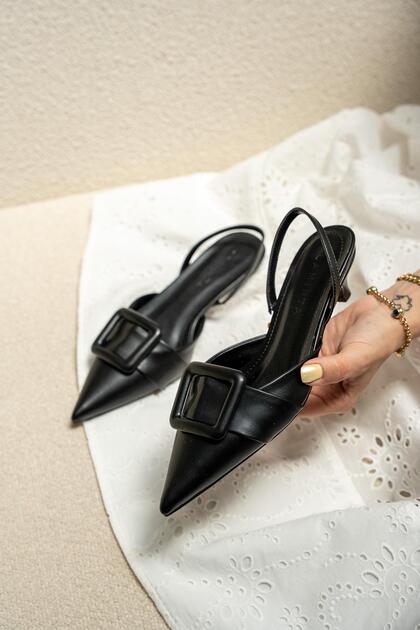 Nicole Black Leather Buckle Heeled Shoes