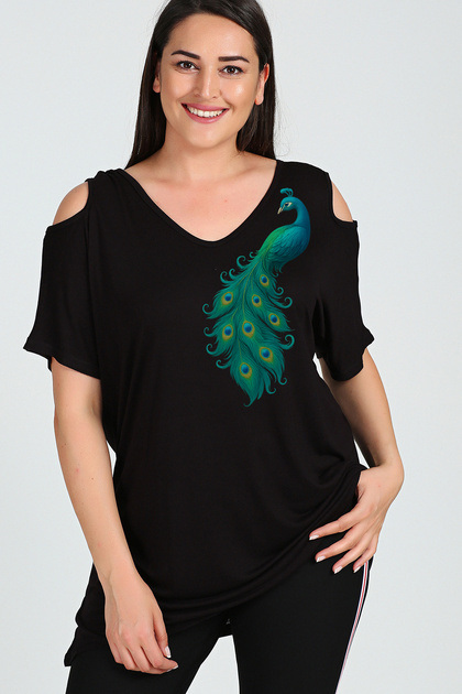 Plus Size Peacock Printed Shoulder V Window Short Sleeve Blouse