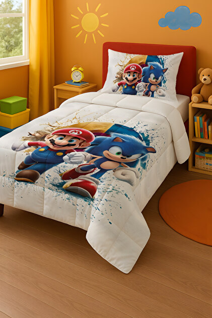 Viadela Mario Sonic Tek Kişilik Yorgan ve Yastık Kılıfı - Fiyatı