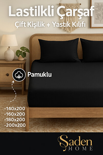 Black Elastic Sheets + Pillow Cover Set, Cotton Ranforce Fabric