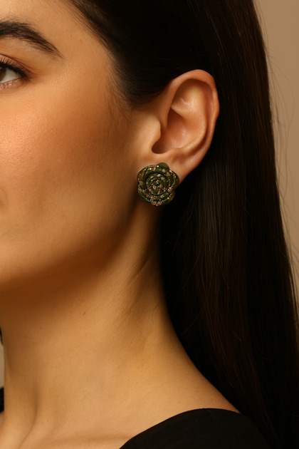 ✨   Éclat Vert – Khaki & Gold Sparkling Rose Earrings ✨