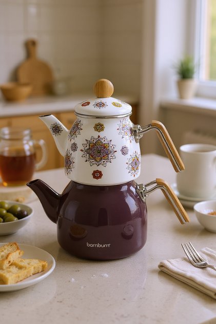 Unique Bambu Kulplu Emaye Çaydanlık Takımı Mor