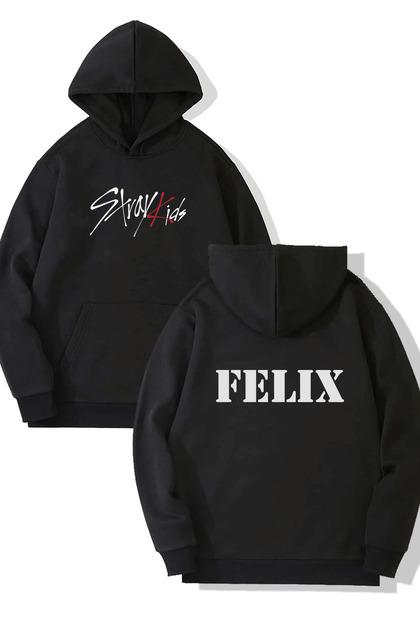Harajuku Style Siyah Stray Kids Felix Ön-Arka Baskılı Kapşonlu