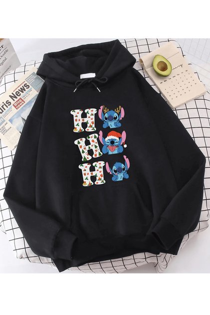 Siyah Stitch Yılbaşı Hohoho Kapşonlu