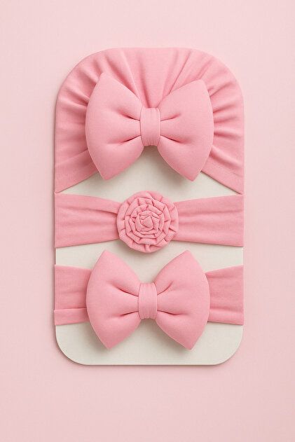 0-18 Months Baby Girl Set of 3 – Bow Bonnet, Bow Hairband, Rose Hairband