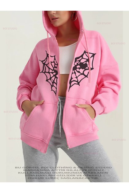 Heart Spider Web Printed Sweatshirt Zippered Cardigan - Pink 3 Thread Oversize Pocket Loose Hooded