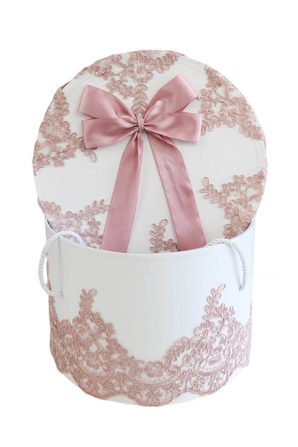 Cutie rotundă pentru set de botez, dantelă roz somon