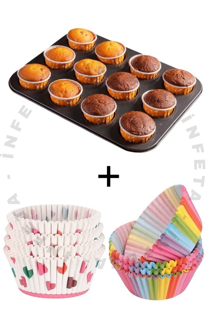 12 Compartment Metal Muffin Mold and 100 Piece Cupcake Paper Set - Cake Mold Set