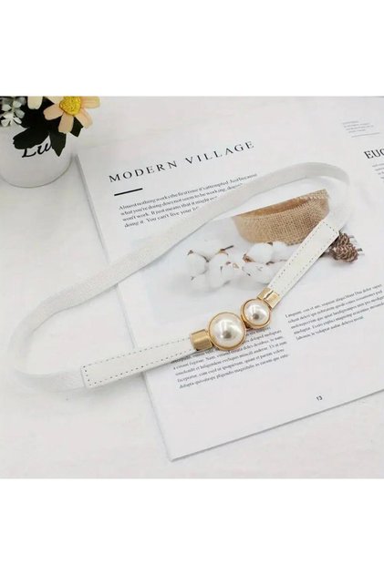 Pearl Detailed Thin Belt with Elastic Back Dress Belt Shirt Belt Coat Belt