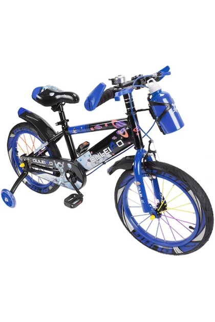 Bicicletă pentru copii 7-10 ani cu roți de antrenament și sticlă de apă în suport JHT, 18 inch, albastră