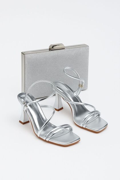 Silver Women's Thin Heeled Summer Shoes and Bag Set