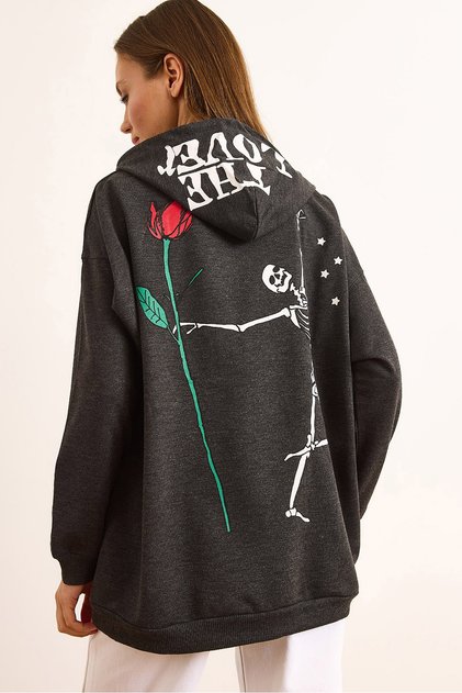 Women's Anthracite Skeleton Printed Hooded Oversize Sweatshirt Swt-19000723
