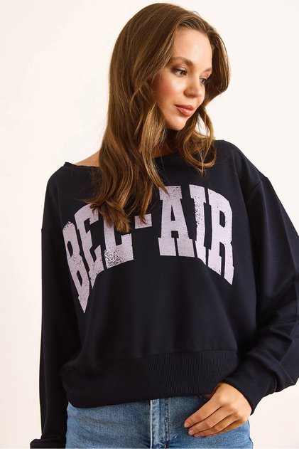 Women's Navy Blue Waist Air Printed Boat Neck Sweatshirt Swt-19000724