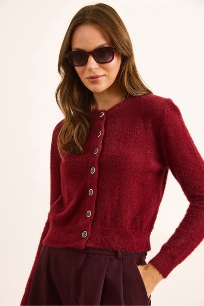 Women's Burgundy Crew Neck Button Detailed Basic Beard Cardigan Hrk-19000368