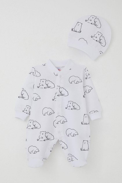 Baby Boy Booties Jumpsuit Cute Polar Bear Patterned 0-6 Months, White