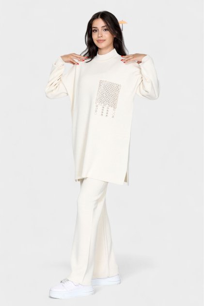 Women's Knitwear Set Side Slit Detailed Long Top and Comfortable Cut Pants Double Combination