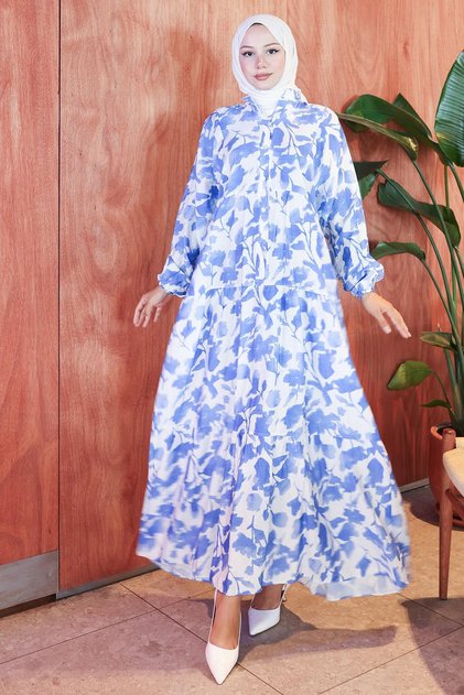 Blumenbedrucktes Modal-Kleid Blau HM2798