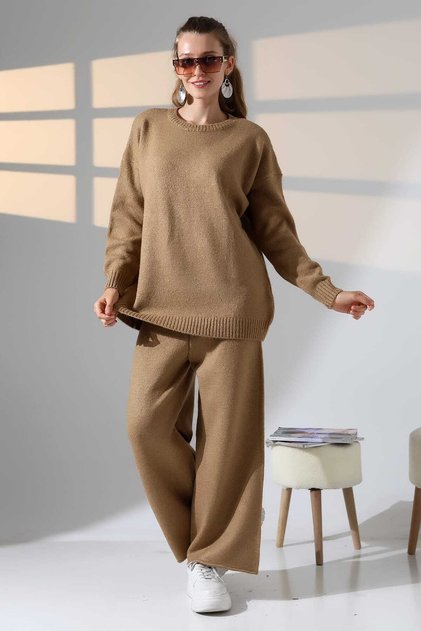 Round Neck Long Sleeve Plain Basic Sweater Elastic Waist Pipe Leg Pants Double Knitwear Set