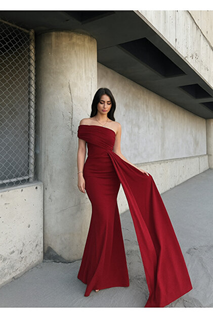 green emerald velvet dress Burgundy Red One Shoulder Dress main image 0