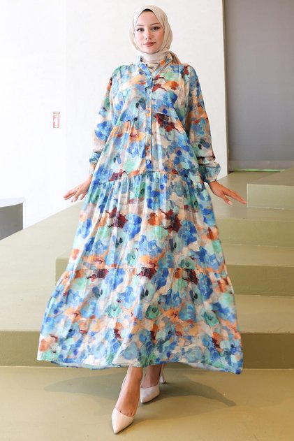 Modal-Kleid mit Ebru-Muster in Blau HM2796