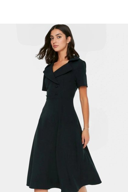 Women's Modern Skater Dress with Belt Button Balloon Sleeve Midi Length Work Wear Casual Combinations