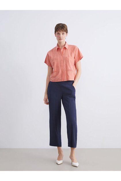 Navy Blue Elastic Waist Textured Women's Trousers