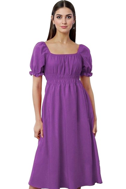 Women's Midi Length Pleated Dress Square Neck Short Sleeve Comfortable Casual Weekend Quality Material