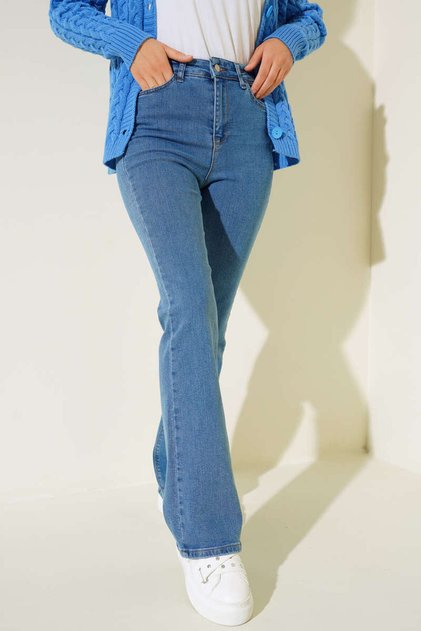 Orta Mavi Kadın Miya Ispanyol Paça Kot Pantolon Yüksek Bel Jeans Toparlayıcı( Extra Rahat)